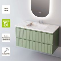 Sanizeo - Meuble de salle de bain plan vasque Grès Cérame Blanc Storm, 2 Tiroirs,l80xh54xp45, Laqué Mint Mat, glow