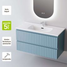 Meuble De Salle De Bain Plan Vasque Céramique, 2 Tiroirs,l100xh54xp45, Laqué Cobalt Mat, Glow