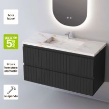 Sanizeo - Meuble de salle de bain plan vasque Grès Cérame Blanc Storm, 2 Tiroirs,l100xh54xp45, Laqué Noir Mat, glow