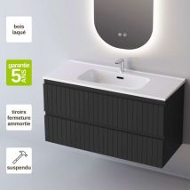 Sanizeo - Meuble de salle de bain plan vasque Céramique, 2 Tiroirs,l60xh54xp45, Laqué Noir Mat, glow