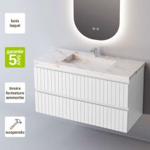 Meuble de salle de bain plan vasque Grès Cérame Blanc Storm, 2 Tiroirs,l80xh54xp45, Laqué Blanc Mat, GLOW