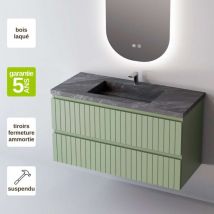 Sanizeo - Meuble de salle de bain plan vasque Grès Cérame Noir Allure, 2 Tiroirs,l80xh54xp45, Laqué Mint Mat, glow