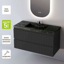 Meuble De Salle De Bain Plan Vasque Grès Cérame Noir Allure, 2 Tiroirs,l80xh54xp45, Laqué Noir Mat, Glow