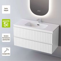 Meuble de salle de bain plan vasque Solide Surface, 2 Tiroirs,l100xh54xp45, Laqué Blanc Mat, GLOW