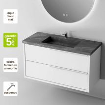 Sanizeo - Meuble de salle de bain plan vasque Grès Cérame Noir Allure, 2 Tiroirs Poignée Inox Satiné, l80xh54xp45, Laqué Blanc Mat, like