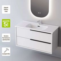 Sanizeo - Meuble de salle de bain plan vasque Solide Surface, 2 Tiroirs Poignée Noir, l80xh54xp45, Laqué Blanc Mat, like