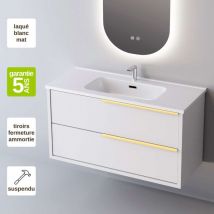 Sanizeo - Meuble de salle de bain plan vasque Céramique, 2 Tiroirs Poignée Or, l80xh54xp45, Laqué Blanc Mat, like