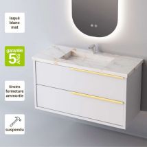 Sanizeo - Meuble de salle de bain plan vasque Grès Cérame Blanc Storm, 2 Tiroirs Poignée Or, l60xh54xp45, Laqué Blanc Mat, like