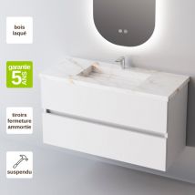 Sanizeo - Meuble de salle de bain plan vasque Grès Cérame Blanc Storm, 2 Tiroirs,l80xh54xp45, Laqué Blanc Brillant, ancona