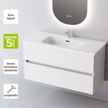 Sanizeo - Meuble de salle de bain plan vasque Solide Surface, 2 Tiroirs,l60xh54xp45, Laqué Blanc Brillant, ancona