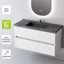 Sanizeo - Meuble de salle de bain plan vasque Grès Cérame Noir Allure, 2 Tiroirs,l100xh54xp45, Laqué Blanc Brillant, ancona