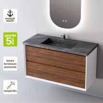 Meuble de salle de bain plan vasque Grès Cérame Noir Allure, 2 Tiroirs,l100xh54xp45, Laqué Blanc Mat/Blanc, cool