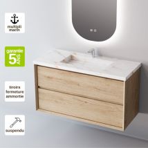 Meuble de salle de bain plan vasque Grès Cérame Blanc Storm, 2 Tiroirs,l100xh54xp45, Chêne Naturel, cool