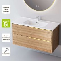 Sanizeo - Meuble de salle de bain plan vasque Céramique, 2 Tiroirs,l60xh54xp45, Chêne Naturel Poigné Or, bamboo