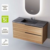 Sanizeo - Meuble de salle de bain plan vasque Grès Cérame Noir Allure, 2 Tiroirs,l60xh54xp45, Chêne Naturel Pognée Noire, bamboo