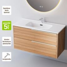 Meuble de salle de bain plan vasque Solide Surface, 2 Tiroirs,l80xh54xp45, Chêne Naturel Poigné Inox, BAMBOO