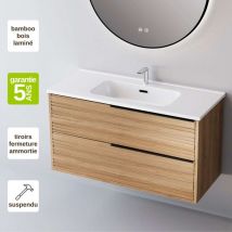 Sanizeo - Meuble de salle de bain plan vasque Solide Surface, 2 Tiroirs,l80xh54xp45, Chêne Naturel Pognée Noire, bamboo