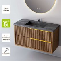 Meuble de salle de bain plan vasque Grès Cérame Noir Allure, 2 Tiroirs Chêne Foncé, Poignée Or, l60xh54xp45, Effet 3D, trend