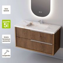 Meuble de salle de bain plan vasque Grès Cérame Blanc Storm, 2 Tiroirs Chêne Foncé, Poignée Inox Satiné, l60xh54xp45, Effet 3D, TREND