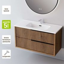 Sanizeo - Meuble de salle de bain plan vasque Solide Surface, 2 Tiroirs Chêne Foncé, Poignée Noir, l60xh54xp45, Effet 3D, trend