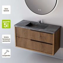 Meuble de salle de bain plan vasque Grès Cérame Noir Allure, 2 Tiroirs Chêne Foncé, Poignée Noir, l80xh54xp45, Effet 3D, trend