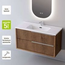 Meuble de salle de bain plan vasque Céramique, 2 Tiroirs Chêne Foncé, Poignée Inox Satiné, l80xh54xp45, Effet 3D, TREND