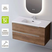 Meuble de salle de bain plan vasque Solide Surface, 2 Tiroirs,l100xh54xp45, Chêne Foncé, DUO