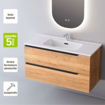 Sanizeo - Meuble de salle de bain plan vasque Céramique, 2 Tiroirs,l60xh54xp45, Chêne Clair, duo