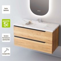 Sanizeo - Meuble de salle de bain plan vasque Grès Cérame Blanc Storm, 2 Tiroirs,l100xh54xp45, Chêne Clair, duo