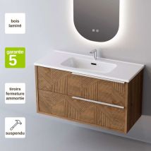 Meuble de salle de bain plan vasque Solide Surface, 2 Tiroirs Chêne Moyen Poignée Inox Satiné, l60xh54xp45, Effet 3D, reel