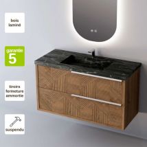 Meuble de salle de bain plan vasque Grès Cérame Noir Allure, 2 Tiroirs Chêne Moyen Poignée Inox Satiné, l60xh54xp45, Effet 3D, reel