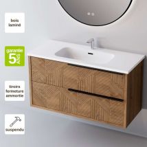 Meuble de salle de bain plan vasque Céramique, 2 Tiroirs Chêne Moyen Poignée Noir, l100xh54xp45, Effet 3D, reel