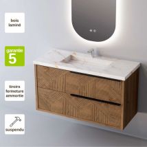 Meuble de salle de bain plan vasque Grès Cérame Blanc Storm, 2 Tiroirs Chêne Moyen Poignée Noir, l60xh54xp45, Effet 3D, reel