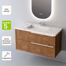 Meuble De Salle De Bain Plan Vasque Grès Cérame Blanc Storm, 2 Tiroirs Chêne Moyen Poignée Inox Satiné, L100xh54xp45, Effet 3d, Reel