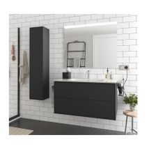 Abitare - Meuble de salle de bain suspendu 100 cm en bois noir mat avec lavabo en porcelaine - Olympus - 100 cm Avec colonne miroir et lampe led
