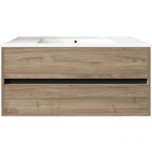 Mennza - Meuble de salle de bain suspendu 100cm double edge bois clair - Vasque en céramique