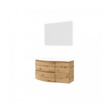 Abitare - Meuble de salle de bain suspendu 105 cm en bois de chêne doré avec vasque - Arona - Avec colonne miroir et lampe led
