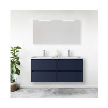 Abitare - Meuble de salle de bain suspendu 120 cm en bois bleu satiné avec vasque intégrée - Nova - Avec miroir et double lampe led