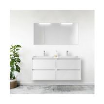 Caesaroo - Meuble de salle de bain suspendu 140 cm en bois blanc brillant avec vasque intégrée - Nova - 140 cm Avec double miroir et lampe led