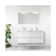 Caesaroo - Meuble de salle de bain suspendu 140 cm en bois blanc brillant avec vasque intégrée - Nova - 140 cm Avec miroir double colonne et double