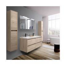 Abitare - Meuble de salle de bain suspendu en bois naturel 140 cm avec vasque intégré - Nova - 140 cm Avec miroir double colonne et double lampe led
