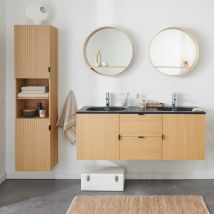 Mob-in - Meuble double vasque 140cm chêne studio suspendu + miroir rond + colonne