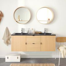 Mob-in - Meuble double vasque 140cm chêne studio suspendu + miroir rond