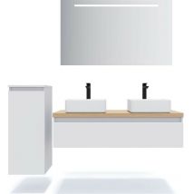Homifab - Meuble de salle de bain suspendu 2 vasques à poser 120cm 1 tiroir Blanc + miroir + colonne ouverture gauche - Hudson