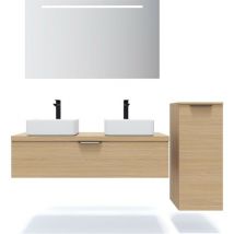 Homifab - Meuble de salle de bain suspendu 2 vasques à poser 120cm 1 tiroir Chêne clair + miroir + colonne ouverture droite - Venice