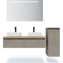Homifab - Meuble de salle de bain suspendu 2 vasques à poser 120cm 1 tiroir façon Béton + miroir + colonne ouverture droite - Hudson
