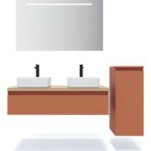 Homifab - Meuble de salle de bain suspendu 2 vasques à poser 120cm 1 tiroir Terracotta + miroir + colonne ouverture droite - Hudson