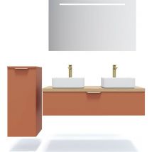 Homifab - Meuble de salle de bain suspendu 2 vasques à poser 120cm 1 tiroir Terracotta + miroir + colonne ouverture gauche - Venice