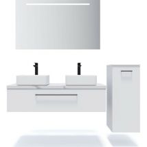 Homifab - Meuble de salle de bain suspendu 2 vasques à poser 120cm 1 tiroir Blanc + miroir + colonne ouverture droite - Glasgow
