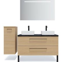 Homifab - Meuble de salle de bain suspendu 2 vasques à poser 120cm 2 tiroirs Chêne clair + miroir + colonne ouverture gauche - Glasgow